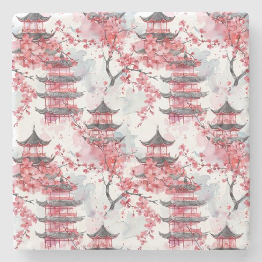 Chinesische Pagode mit Kirschblüten (2) Steinuntersetzer (Vorderseite)