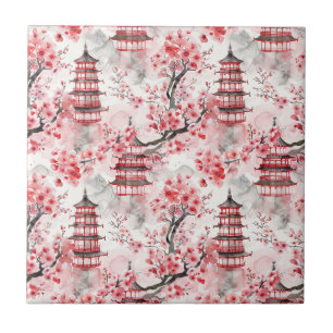 Chinesische Pagode mit Kirschblüten (9) Fliese