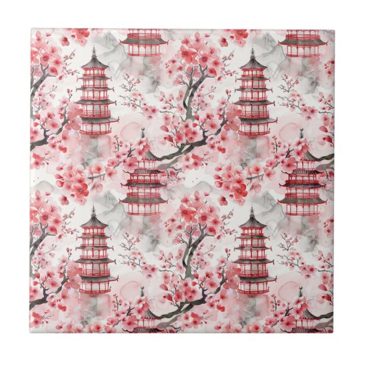 Chinesische Pagode mit Kirschblüten (9) Fliese (Vorderseite)