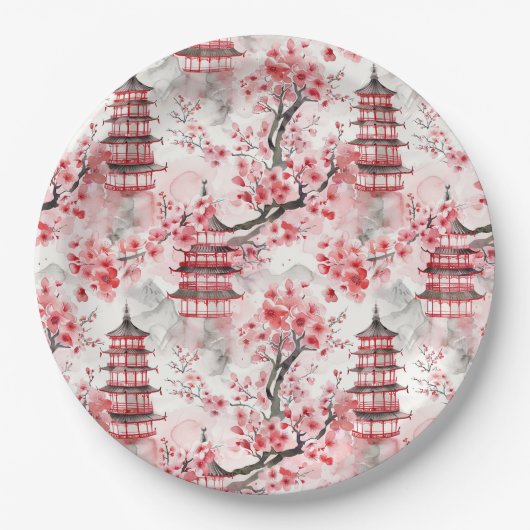 Chinesische Pagode mit Kirschblüten (9) Pappteller (Vorderseite)
