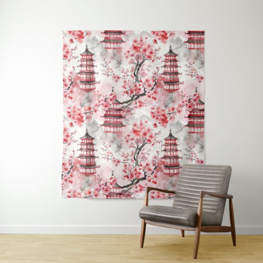 Chinesische Pagode mit Kirschblüten (9) Wandteppich (Beispiel)