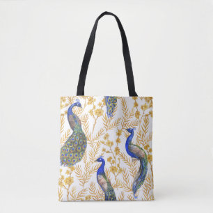 Chinesische Pfauen, goldene Sakura, Aquarell. Tasche