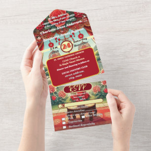 Chinesische Rose Rote Laterne All In One Einladung