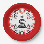 Chinesische Schlange und rote Blüten Pappteller (Vorderseite)