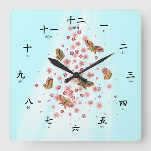Chinesische Schmetterlingszahlen Pinyin Phonetics Quadratische Wanduhr (Vorderseite)