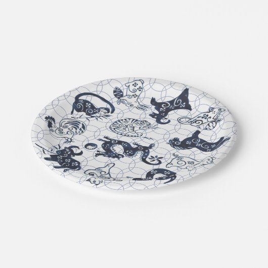 Chinesische Silvester Blaue Tierische Zodiakzeiche Pappteller (Schrägansicht)