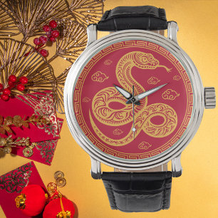 Chinesische Silvesterschlange Rot und Gold Armbanduhr