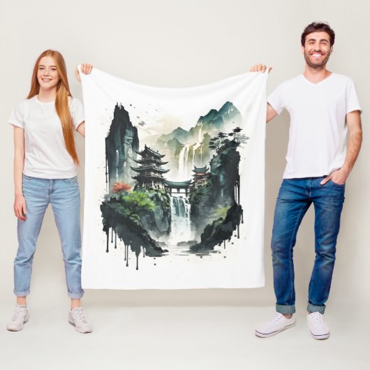 Chinesische Tintenlandschaft mit Wasserfall Fleecedecke (Beispiel)