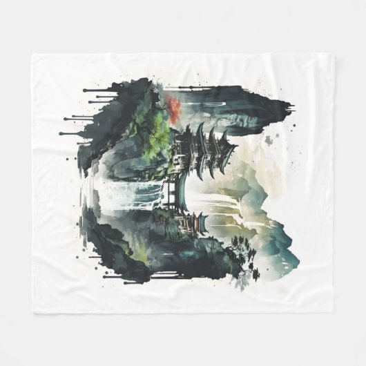 Chinesische Tintenlandschaft mit Wasserfall Fleecedecke (Vorderseite (Horizontal))