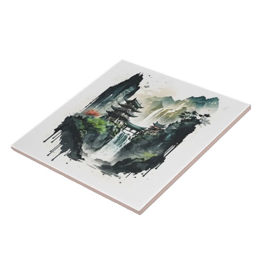 Chinesische Tintenlandschaft mit Wasserfall Fliese (Seite)