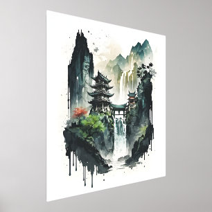 Chinesische Tintenlandschaft mit Wasserfall Foliendrucke