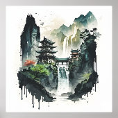 Chinesische Tintenlandschaft mit Wasserfall Foliendrucke (Vorderseite)