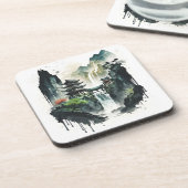 Chinesische Tintenlandschaft mit Wasserfall Getränkeuntersetzer (Linke Seite)