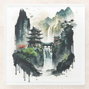Chinesische Tintenlandschaft mit Wasserfall Glasuntersetzer