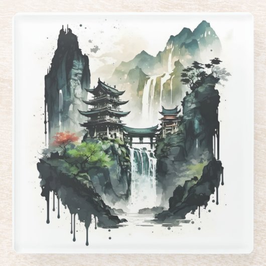 Chinesische Tintenlandschaft mit Wasserfall Glasuntersetzer (Vorderseite)