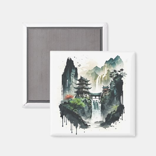 Chinesische Tintenlandschaft mit Wasserfall Magnet (Vorderseite/Rückseite)