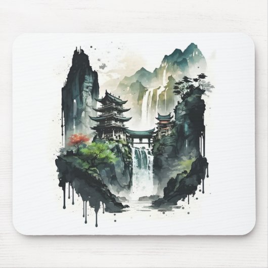 Chinesische Tintenlandschaft mit Wasserfall Mousepad (Vorne)