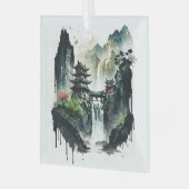 Chinesische Tintenlandschaft mit Wasserfall Ornament Aus Glas (Vorderseite links)