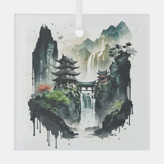 Chinesische Tintenlandschaft mit Wasserfall Ornament Aus Glas (Vorderseite)