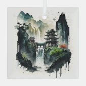 Chinesische Tintenlandschaft mit Wasserfall Ornament Aus Glas (Rückseite)