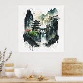 Chinesische Tintenlandschaft mit Wasserfall Poster (Küche)