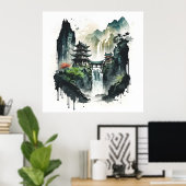 Chinesische Tintenlandschaft mit Wasserfall Poster (Heimbüro)
