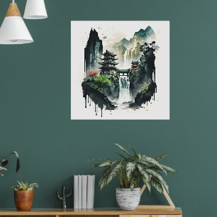 Chinesische Tintenlandschaft mit Wasserfall Poster