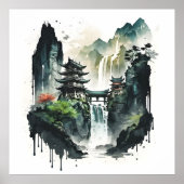 Chinesische Tintenlandschaft mit Wasserfall Poster (Vorne)