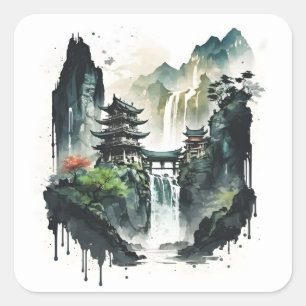 Chinesische Tintenlandschaft mit Wasserfall Quadratischer Aufkleber