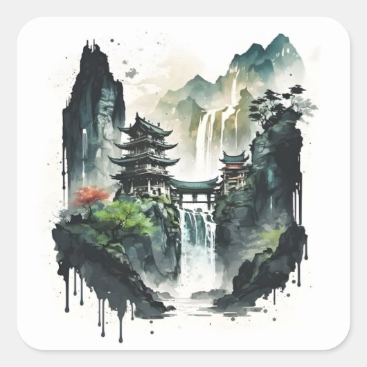 Chinesische Tintenlandschaft mit Wasserfall Quadratischer Aufkleber (Vorderseite)