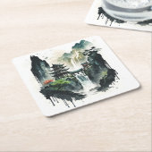 Chinesische Tintenlandschaft mit Wasserfall Rechteckiger Pappuntersetzer (angewinkelt)
