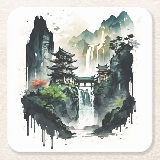 Chinesische Tintenlandschaft mit Wasserfall Rechteckiger Pappuntersetzer (Vorderseite)