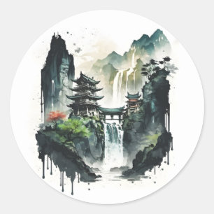 Chinesische Tintenlandschaft mit Wasserfall Runder Aufkleber