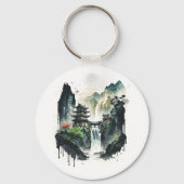 Chinesische Tintenlandschaft mit Wasserfall Schlüsselanhänger (Rückseite)