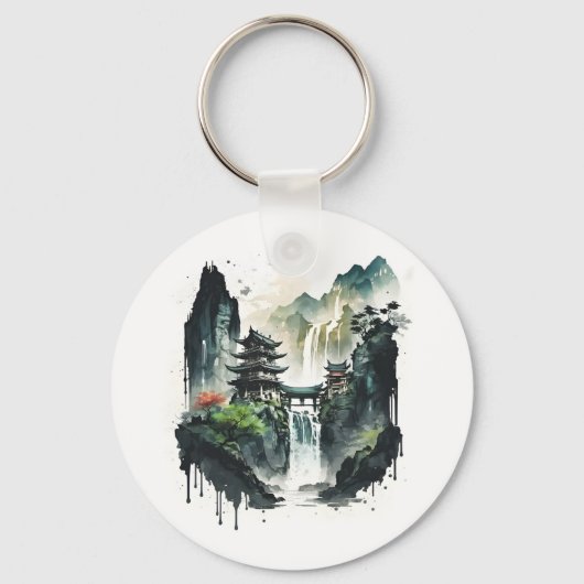 Chinesische Tintenlandschaft mit Wasserfall Schlüsselanhänger (Rückseite)