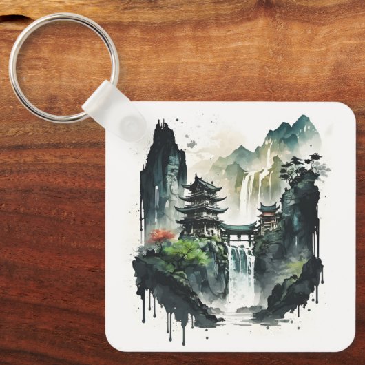 Chinesische Tintenlandschaft mit Wasserfall Schlüsselanhänger (Vorderseite)
