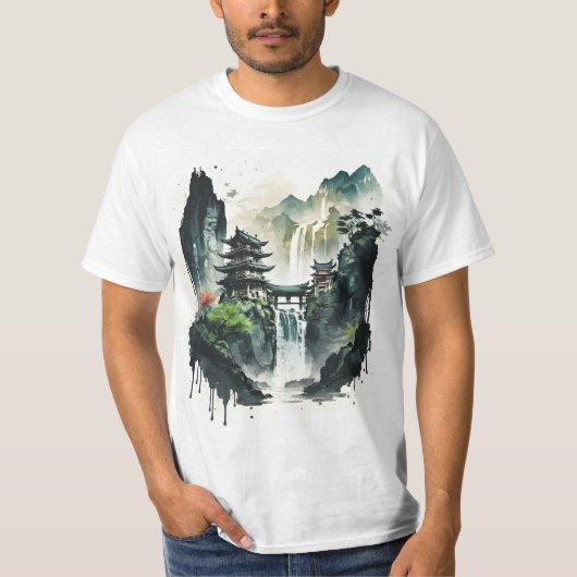 Chinesische Tintenlandschaft mit Wasserfall T-Shirt (Vorderseite)
