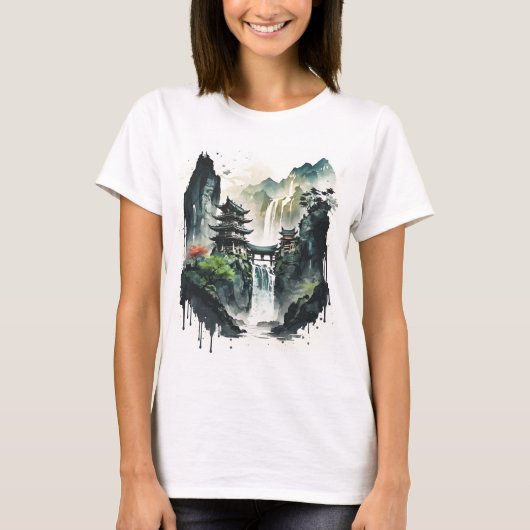 Chinesische Tintenlandschaft mit Wasserfall T-Shirt (Vorderseite)