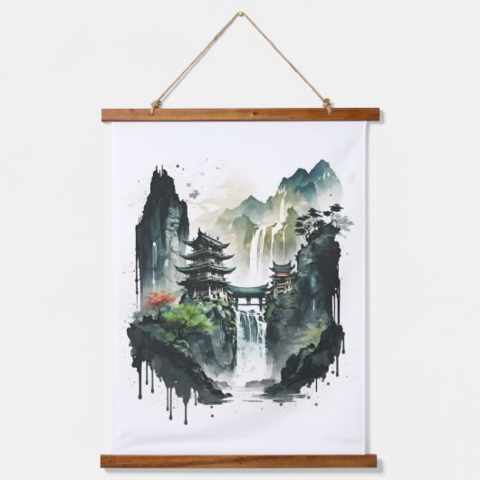 Chinesische Tintenlandschaft mit Wasserfall Wandteppich Mit Holzrahmen (Vorderseite)