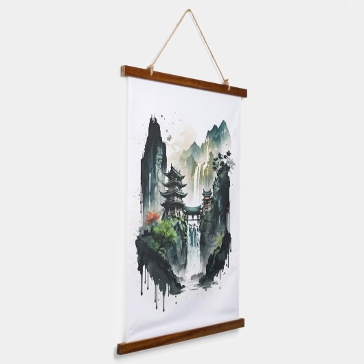 Chinesische Tintenlandschaft mit Wasserfall Wandteppich Mit Holzrahmen (Gewinkelt)