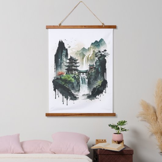 Chinesische Tintenlandschaft mit Wasserfall Wandteppich Mit Holzrahmen (Schlafzimmer)