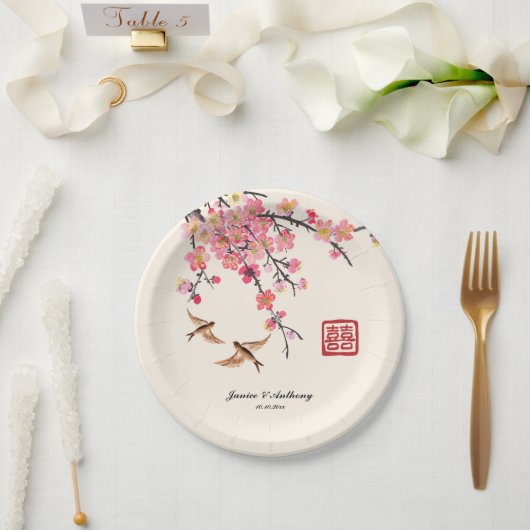 Chinesische Tintenmalerei Blume Vögel Hochzeit Pappteller (Hochzeit)