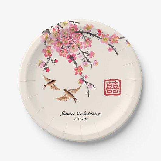 Chinesische Tintenmalerei Blume Vögel Hochzeit Pappteller (Vorderseite)