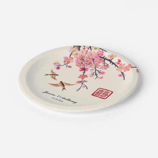 Chinesische Tintenmalerei Blume Vögel Hochzeit Pappteller (Schrägansicht)