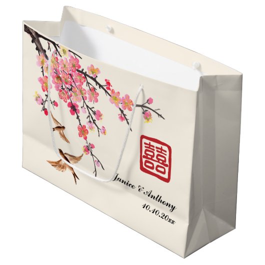 Chinesische Tintenmalerei Blumenvogelhochzeit Große Geschenktüte (Vorderseite Schrägansicht)
