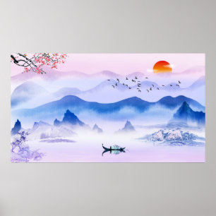 Chinesische Tintenzeichnung Landschaft Poster