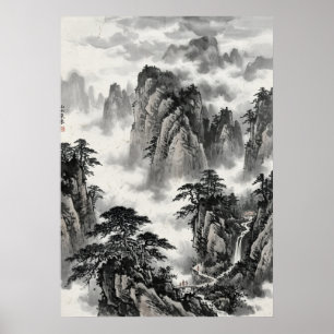 Chinesische Tuschlandschaft Nebelberge Kiefern Tr Poster