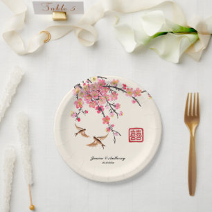 Chinesische Tuschmalerei Blumen Vögel Hochzeit Pappteller