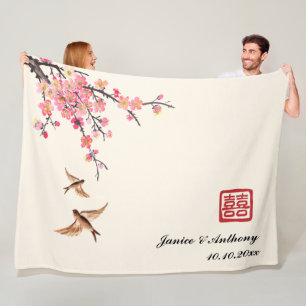 Chinesische Tuschmalerei Floral Vogel Hochzeit Fleecedecke