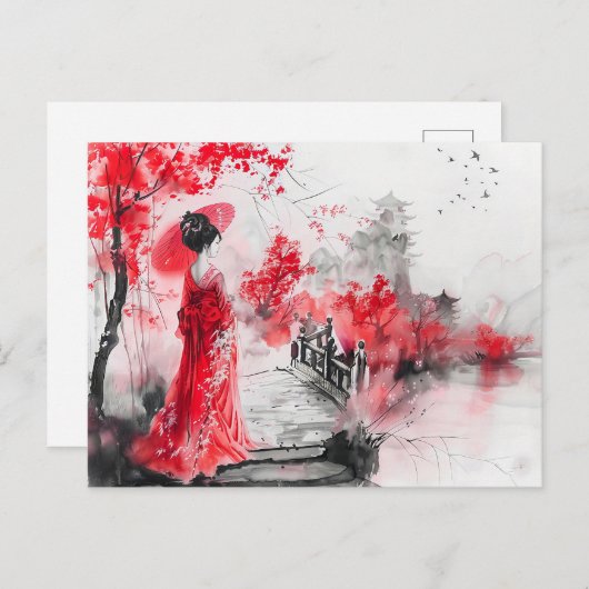 Chinesische Wasserfarbe Geisha auf einer Brücke Postkarte (Vorne/Hinten)